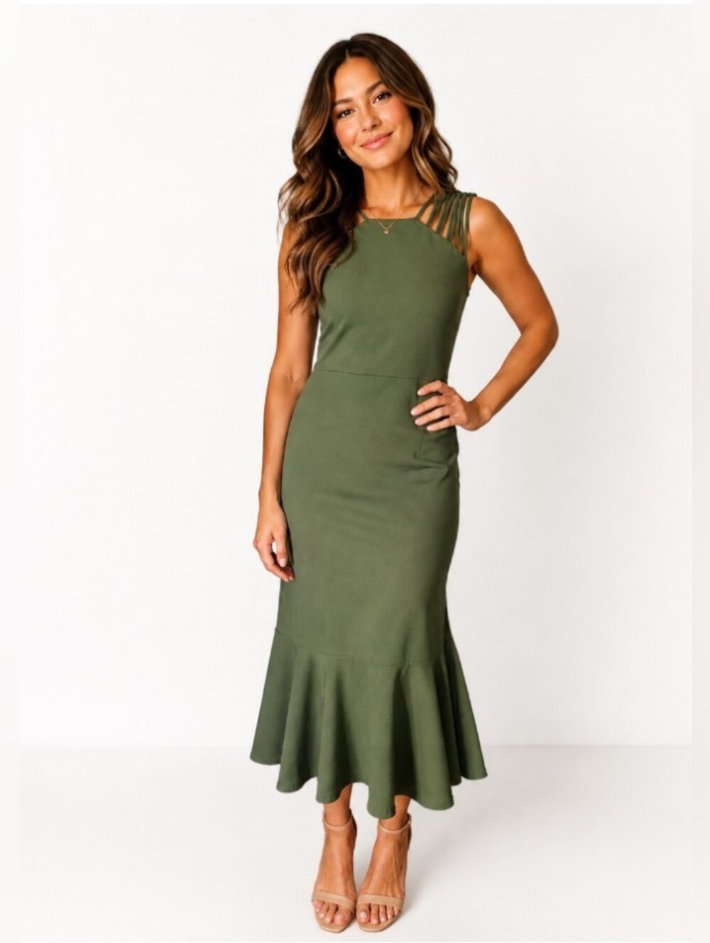 Pretty Garden Sleeveless Olive Midi Dress with Flared Hemline Size XL